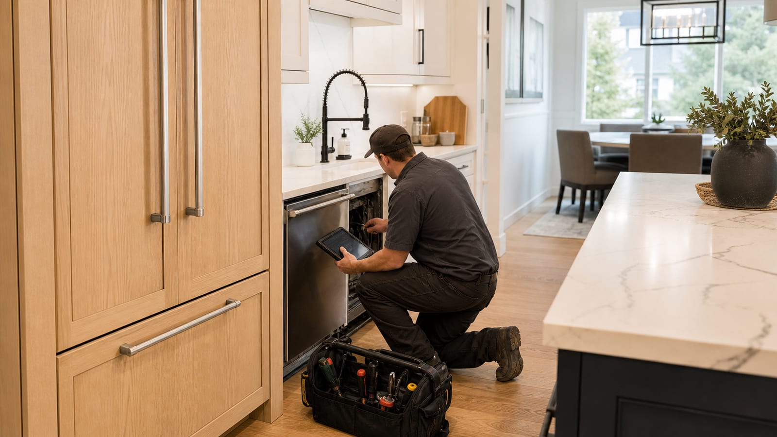 Parker technician diagnosing an integrated kitchen appliance in a family home