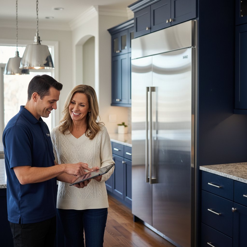 Technician explaining Sub-Zero repair to Parker homeowner