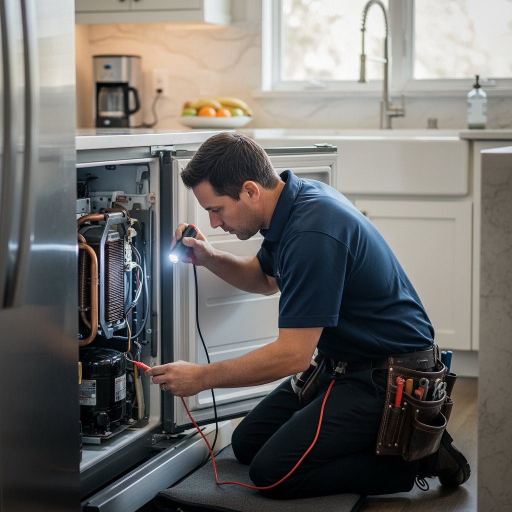 Technician repairing Sub-Zero refrigerator in Parker home